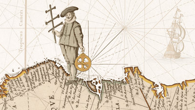 Illustrated colonial map featuring a person holding compass against background of nautical lines and ship.