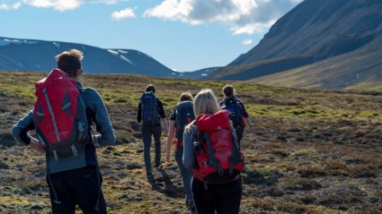 Five students wearing rucksacks viewed from behind walking through a grassy valley.