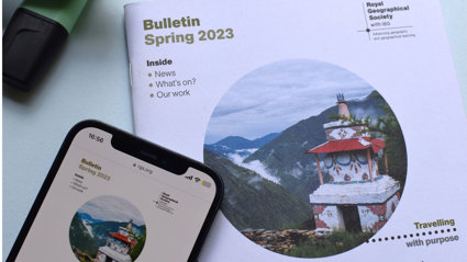 The Society's spring 2023 Bulletin in print and displayed on a phone screen.