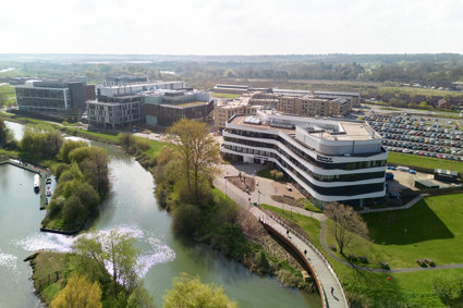 Aerial view of the University of Northampton campus, showing various buildings