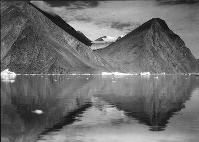Black and white photograph of Louise glacier, at the inner end of Ice Fiord in the Fiord region of East Greenland