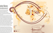 Page in Atlas of Finance book with informative infographic of the map of the world next to a body of text, on the topic of remittances.
