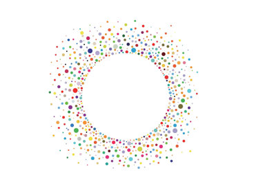 A circle made of colourful dots, empty in the middle with the dots spreading out to become more sparse towards the edge.