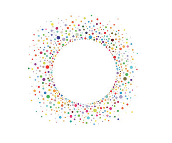 A circle made of colourful dots, empty in the middle with the dots spreading out to become more sparse towards the edge.