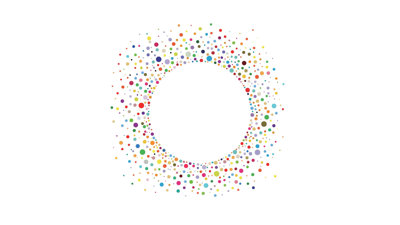 A circle made of colourful dots, empty in the middle with the dots spreading out to become more sparse towards the edge.