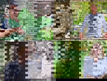 A collage of portrait photos of four people, the top two and bottom right one each stand outdoors in a garden, while the person in the bottom left is inside.