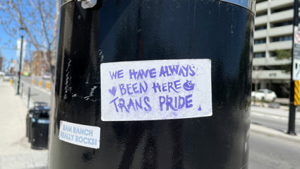 Sticker on a black pole reads 'We have always been here Trans Pride' in purple handwriting with a heart and smiley face.