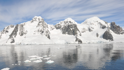 Mountains with sea in front in Antarctica