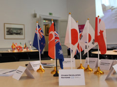 Table with flags representing different nations at a COP event.