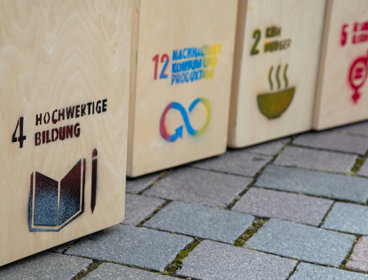 The sustainable development goals printed onto wooden boxes.
