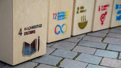 The sustainable development goals printed onto wooden boxes.