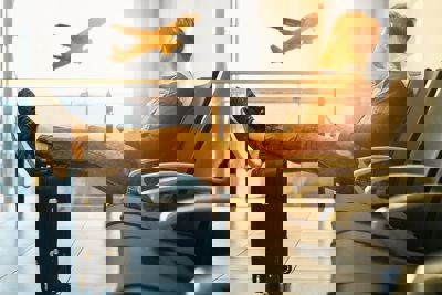 Man sitting on a chair in an airport watching a plane take off