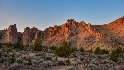 An arid landscape with tall, jagged rock formations. There are low shrubs and trees surrounding the foot of the formation. 