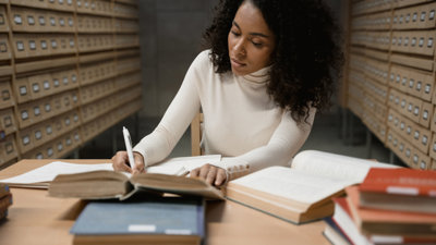 A person sits in an archive and writes in a book whilst sitting at a wood table. Some open, some closed and some stacked books lay on top of the table.
