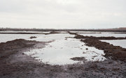 Expansive water-filled peat extraction trenches on wet soil with wind turbines on the distant horizon under a grey sky.