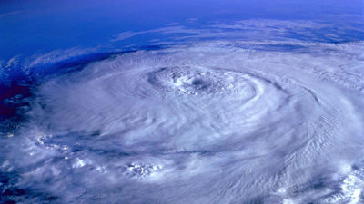 A typhoon shown from above from space.