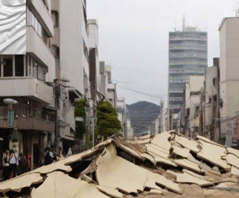 Earthquake damame in Japan, specifically a destroyed road in an urban area