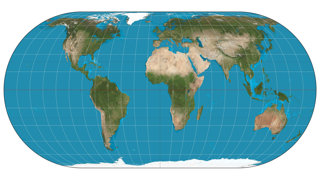 Map showing the Ecker IV projection, which shows equal area proportion but distorts shape