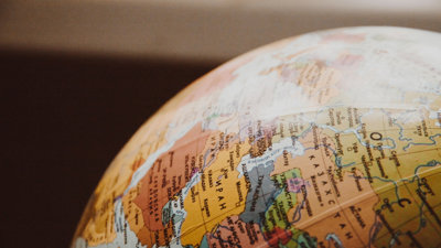 Close up image of globe showing the Arabian peninsula and parts of the Middle East.