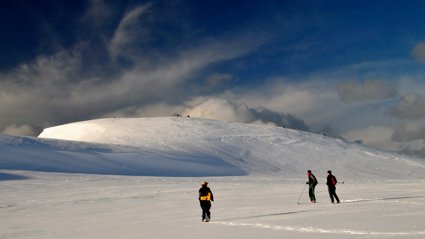 Small group of scientists hiking across a glacier.