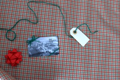 A Royal Geographical Society (with IBG) members card with a green bow wrapped around it laying on top of a red checkered cloth.