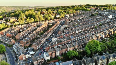 An aerial view of a town.