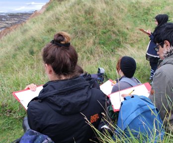 Students holding clipboards conducting fieldwork on coast.