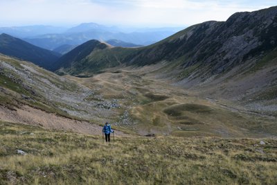 Person walking, with walking poles, through a mountainous valley. 