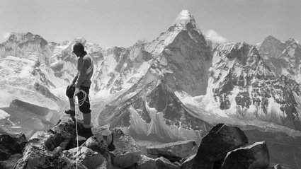 Historical image of Tenzing Norgay standing on summit of Chukhung Peak.