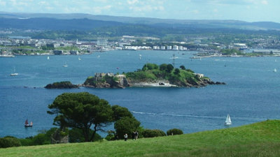 Looking down onto Drake's Island from Mount Edgecumbe Country Park.
