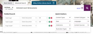 Wiley Digital Archives fielded search example using search terms "relief map", or "relief model", or "map model".