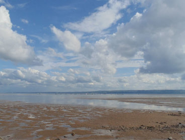 Estuary against a blue and cloudy sky.