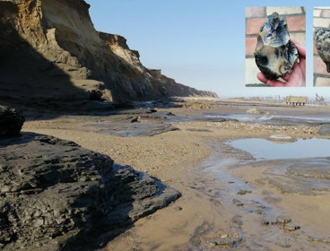 Coastline of Happisburgh with a long, stretched beach and cliffs.