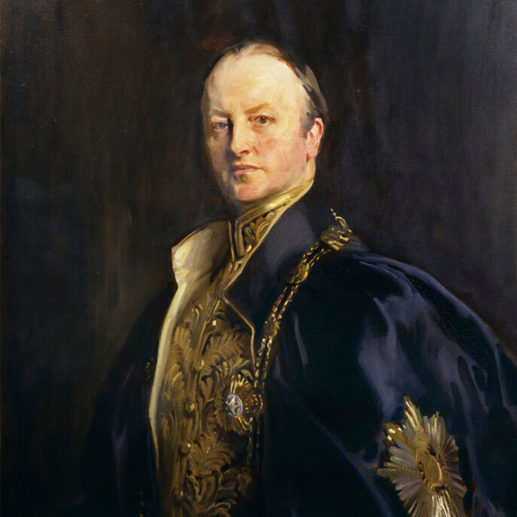 Oil on canvas portrait of George Curzon wearing formal attire and a medal.