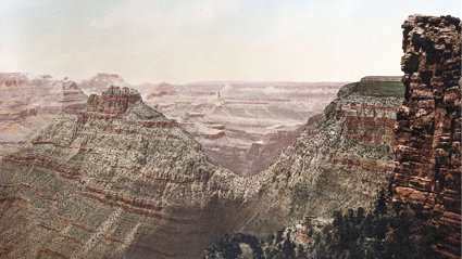 Old photograph from 1898 showing the Grand Canyon from a viewpoint in Arizona.