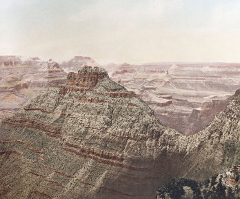 Old photograph from 1898 showing the Grand Canyon from a viewpoint in Arizona.