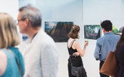 People viewing a photographic exhibition displayed on white panels in a modern pavilion. The photos show forests and trees.