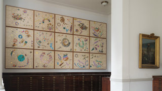 Side view of Hormazd Narwiella's mural in the Map Room of the Royal Geographical Society, showing the full artwork.