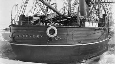 Black and white photograph of Discovery ship.