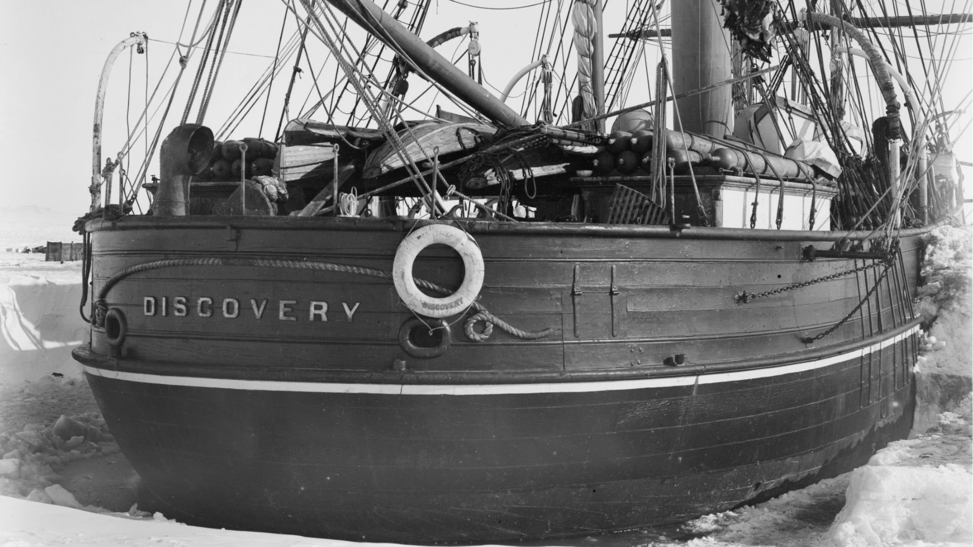 Black and white photograph of Discovery ship.