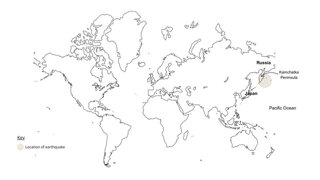 Simplified world map highlighting the location of an earthquake in Kamchatka, in the northwestern Pacific region of Russia.