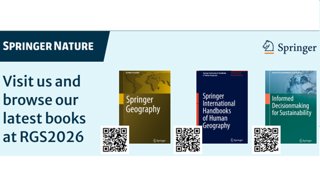 Promotional banner for Springer Nature showcasing three geography-related books with QR codes for browsing at RGS2026.