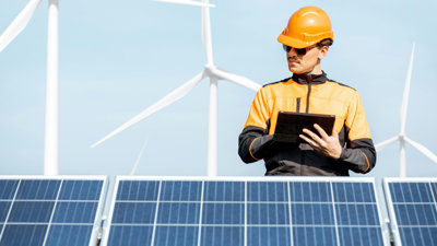 Person standing with wind turbine and solar panel.