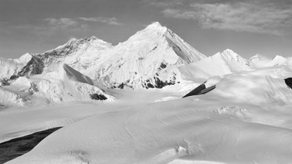 Historical black and white photograph of Mount Everest.