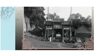 Black and white photograph of a Temple in China, 1895, taken by Isabella Lucy Bishop (nee Bird).