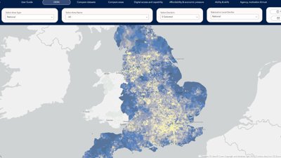 Screenshot of the Digital Exclusion Risk Atlas (DERA) showing an interactive map of England, with areas shaded to indicate varying levels of digital exclusion risk and filters for comparing locations and datasets.