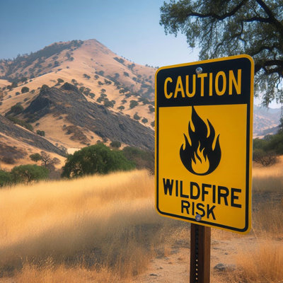 Hillside With Wildfire Warning Sign