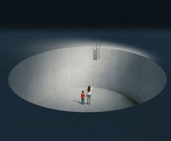 Two people stuck in dark hole in piece on conceptual art.