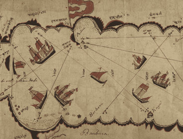 Historic Gujarati chart of the Red Sea on old paper and illustrated red boats.