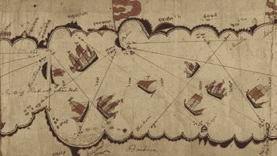 Historic Gujarati chart of the Red Sea on old paper and illustrated red boats.